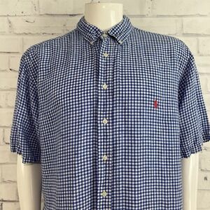 Ralph Lauren Shirt Men's XLT Tall Short Sleeve 100% Linen Blue Plaid Pony Beach